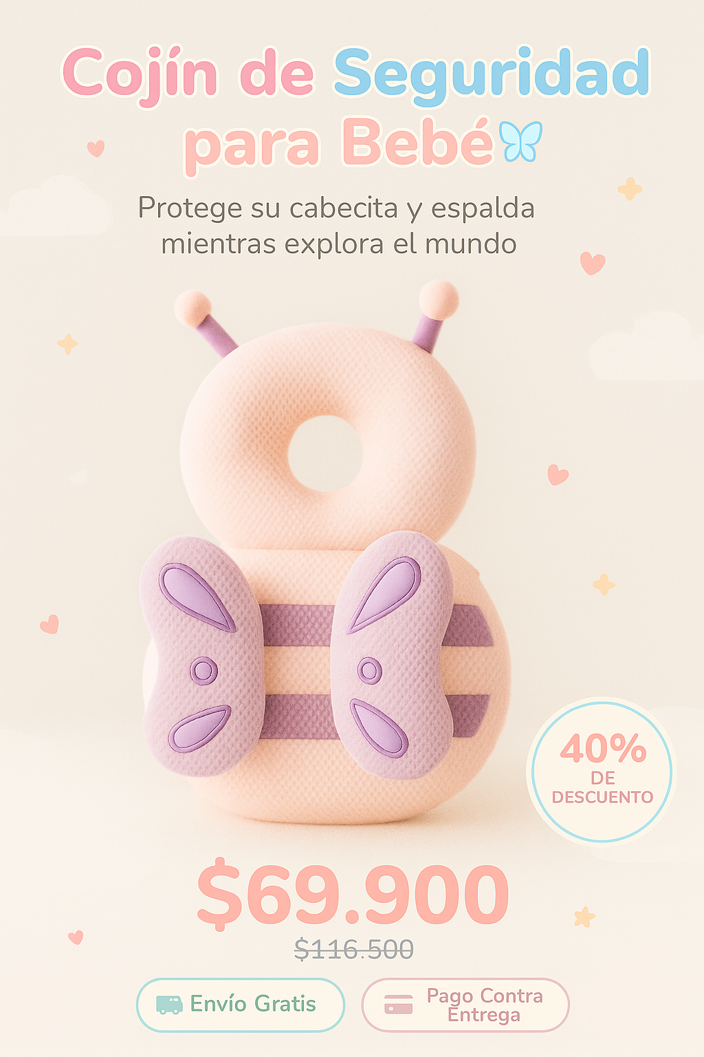 🦋 Cojín Protector de Cabeza para Bebé – Seguridad en Cada Aventura